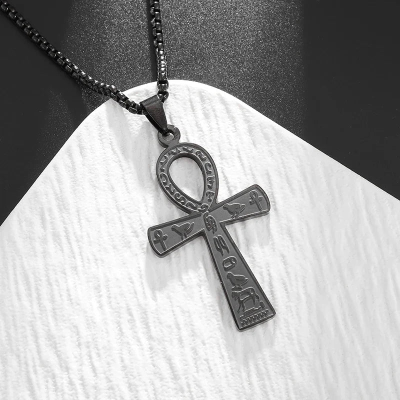 Stainless Steel Ancient Egyptian Ankh Cross Life Key Totem Necklace Men and Women Lucky Amulet Jewelry