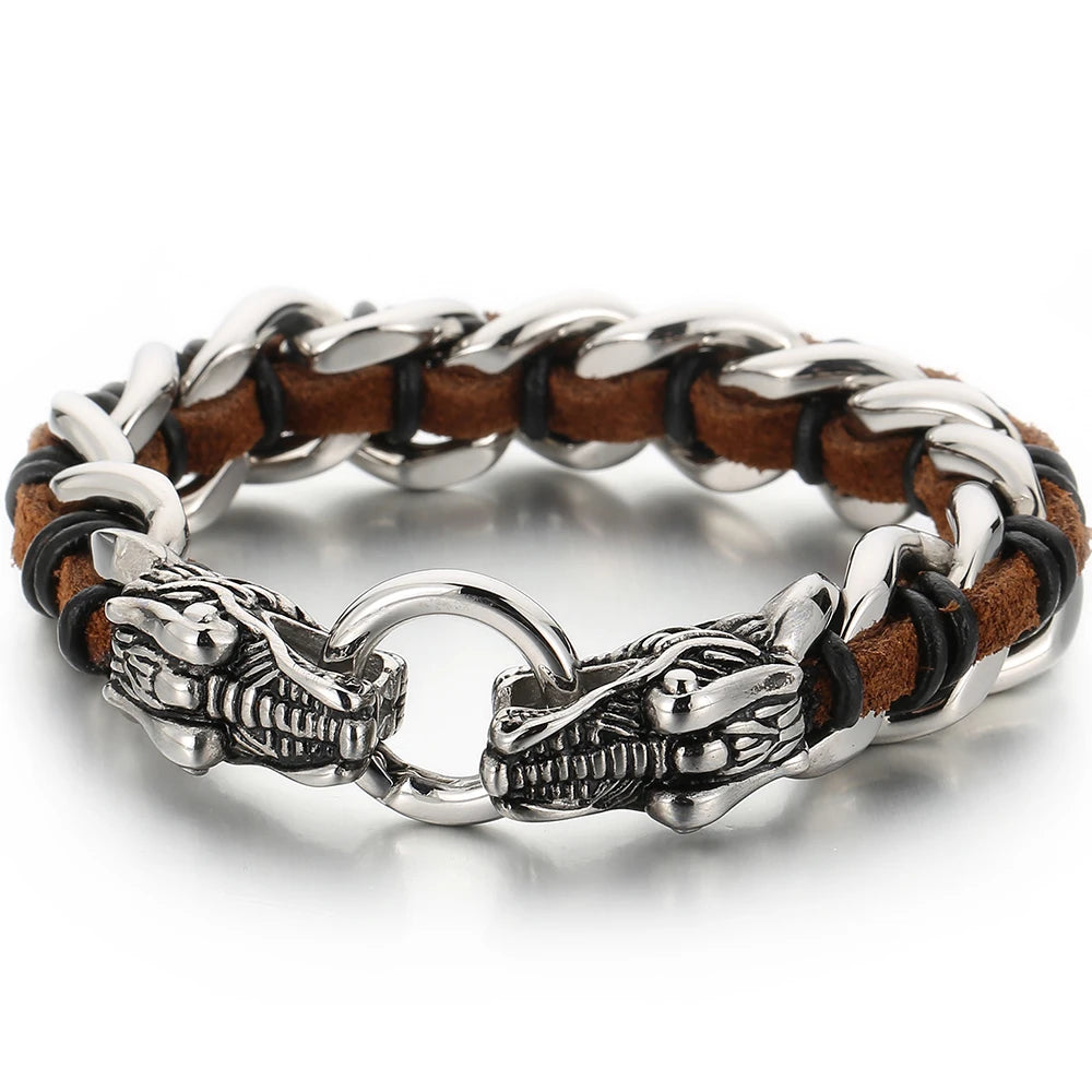 Punk Rocker Dragon Head Bracelet Man Braided Genuine Leather & 316l Stainless Steel Men's Wrist Strap Bracelets Handles