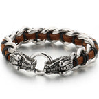 Punk Rocker Dragon Head Bracelet Man Braided Genuine Leather & 316l Stainless Steel Men's Wrist Strap Bracelets Handles