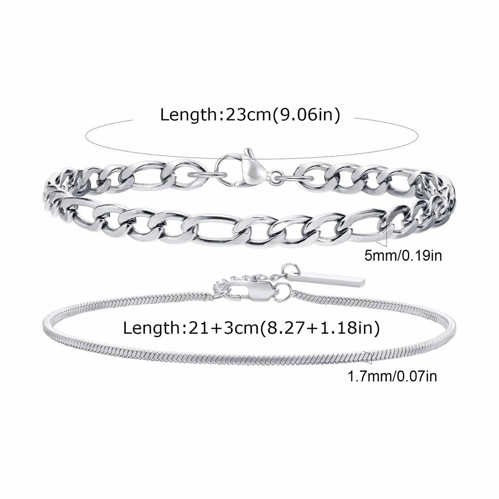 Vnox 2pcs/Set Cuban Figaro Rope Snake Chain Bracelet Set for Men Boys, Gold Black Silver Color Stainless Steel Wristband Jewelry