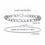 Vnox 2pcs/Set Cuban Figaro Rope Snake Chain Bracelet Set for Men Boys, Gold Black Silver Color Stainless Steel Wristband Jewelry