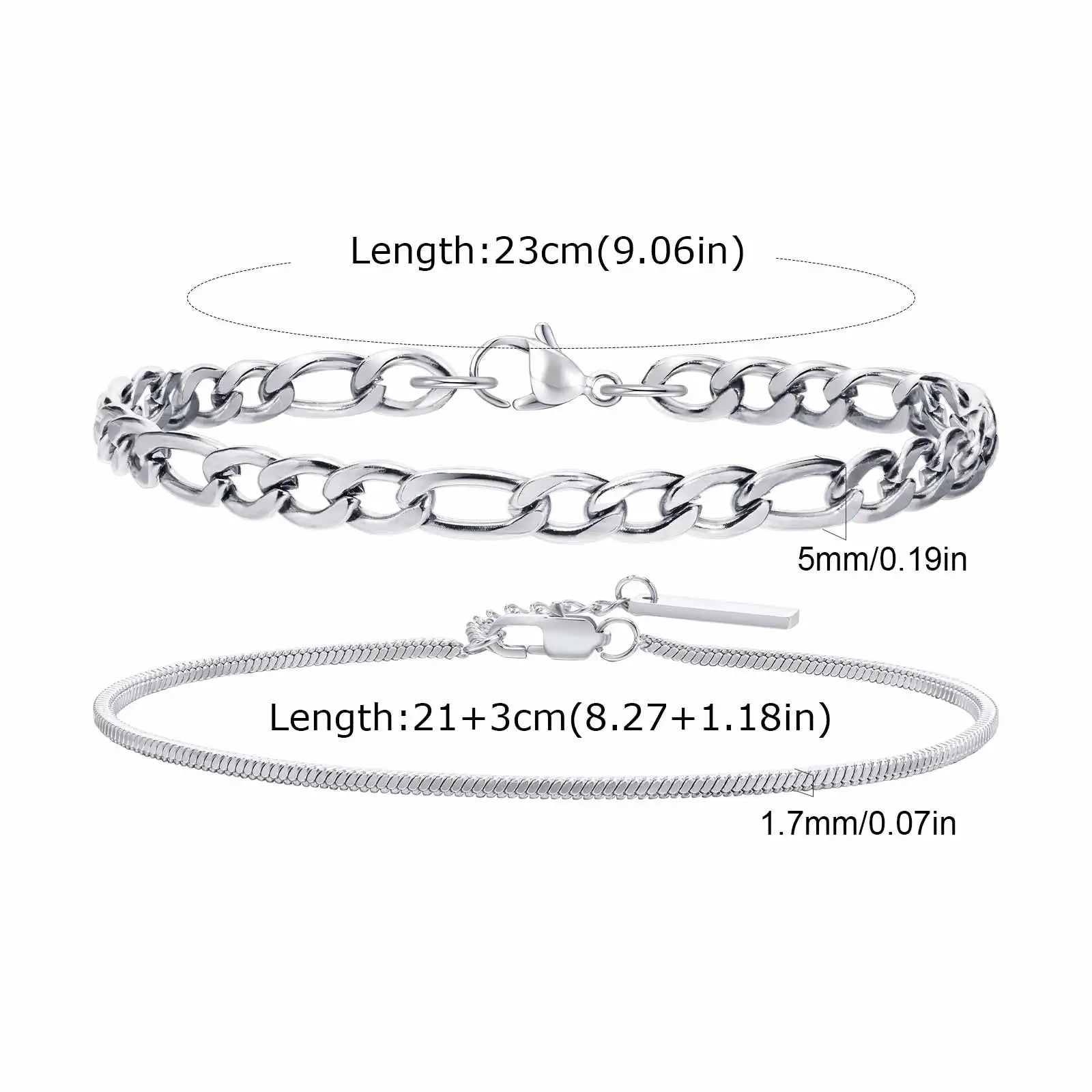 Vnox 2pcs/Set Cuban Figaro Rope Snake Chain Bracelet Set for Men Boys, Gold Black Silver Color Stainless Steel Wristband Jewelry