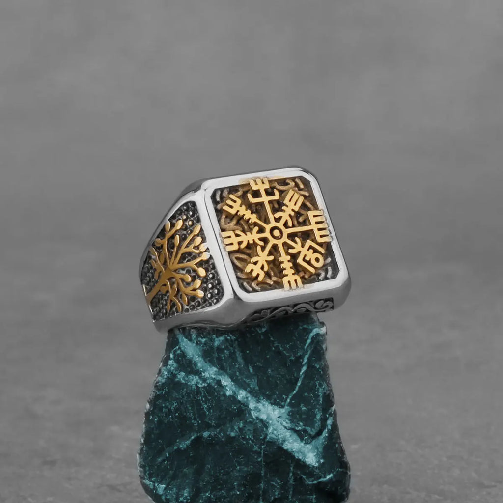 Vintage Viking Helm of Awe and Tree of Life Ring Men's Rune Statement Nordic Vikings Totem  Biker Ring Stainless Steel Jewelry