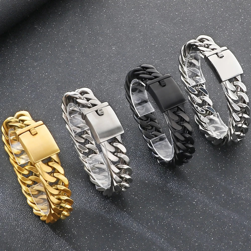 Matte Brushed Stainless Steel Men's Bracelets Black Gold Color 18MM Wide Cuban Link Chain Bracelet for Men Engraved