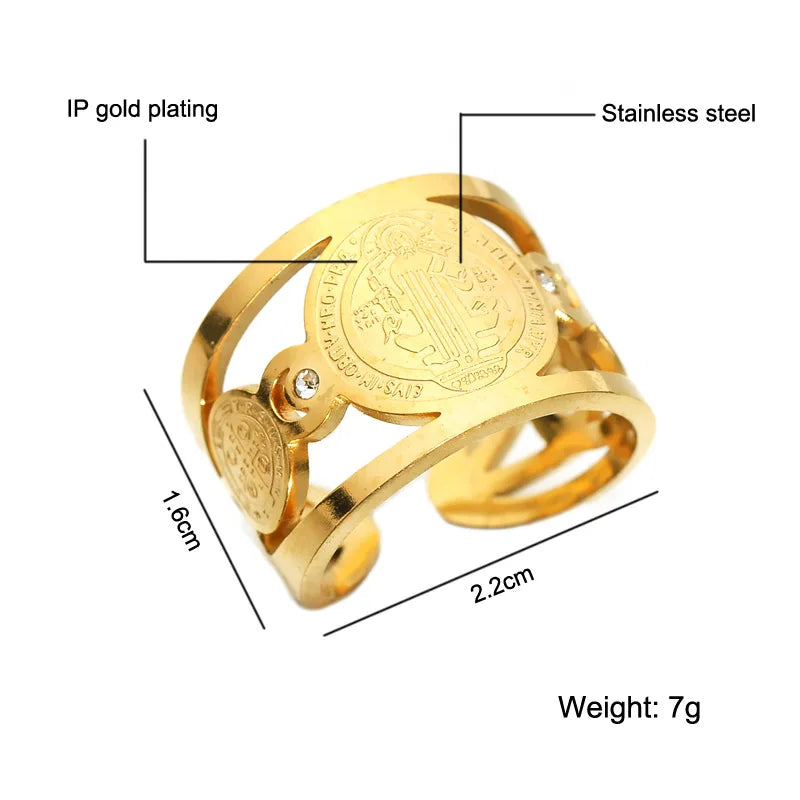 Saint Benedict Medal Cutout Open Ring — Stainless Steel