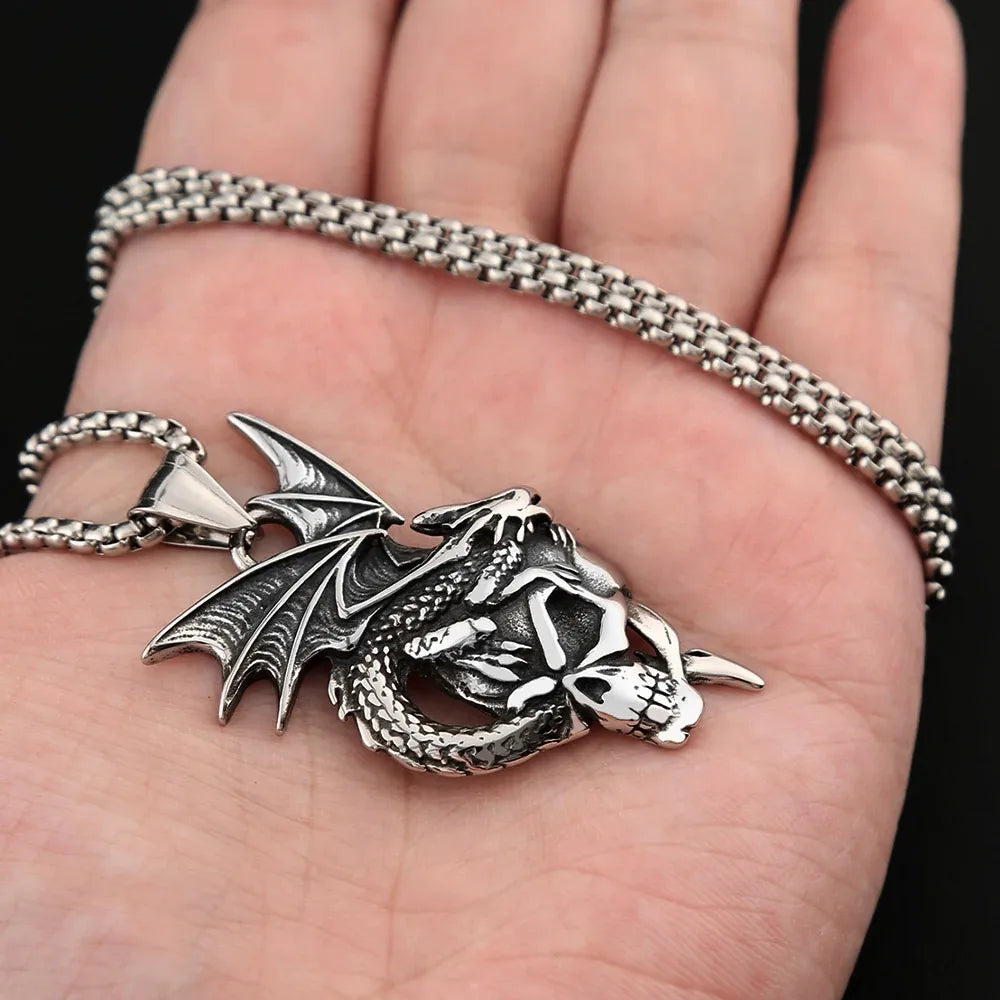 Dragon Skull Winged Pendant — Stainless Steel