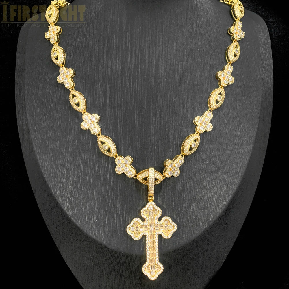 2026 New Iced Out Luxury Eye Cross Necklace Bling Cubic Zirconia Charm Tennis Chain for Men Women Hip Hop Jewelry