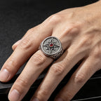 Vintage North Star Signet Ring, Retro Carved Band with Inlaid Red Zircon, Punk Amulet Jewelry, Gothic Statement