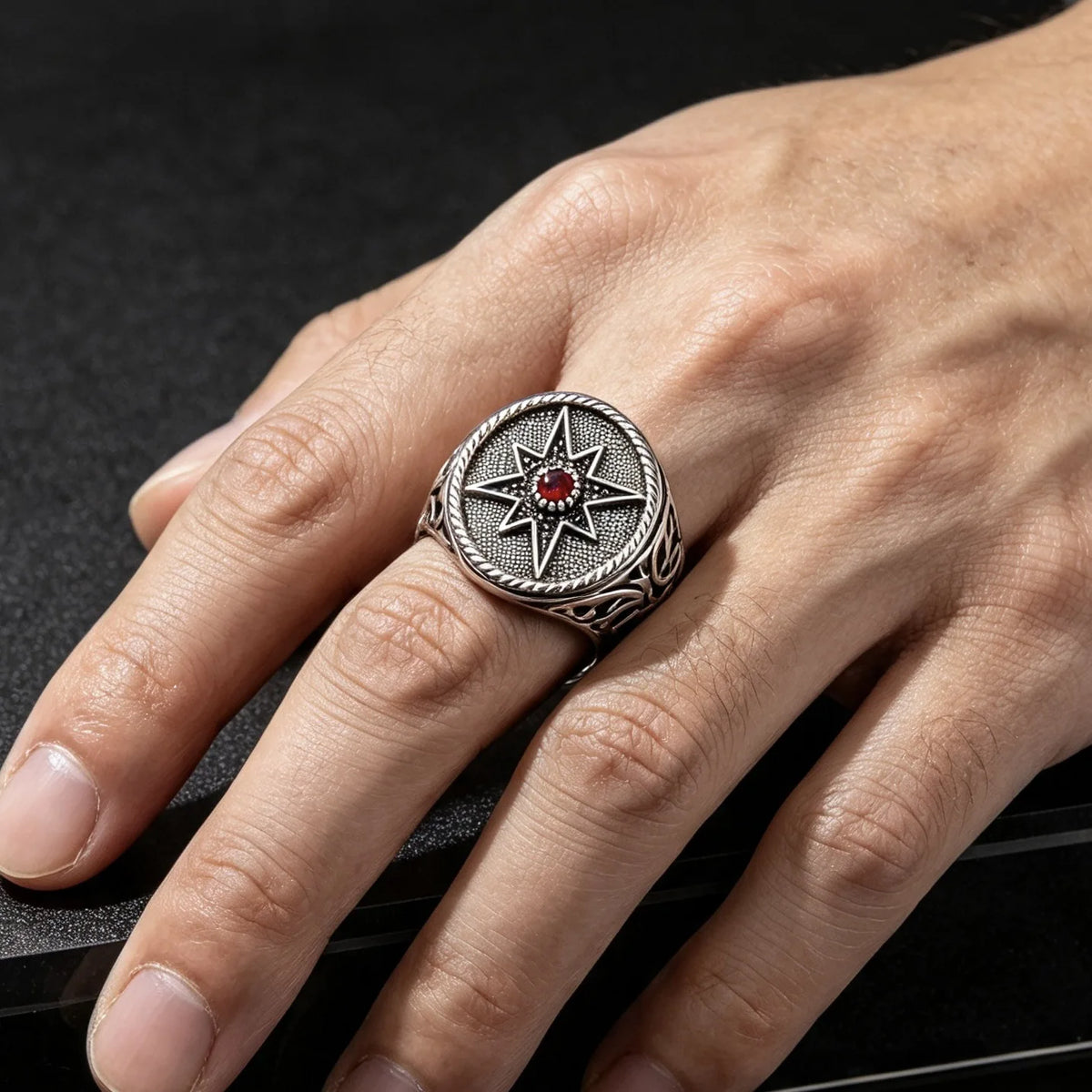 Vintage North Star Signet Ring, Retro Carved Band with Inlaid Red Zircon, Punk Amulet Jewelry, Gothic Statement