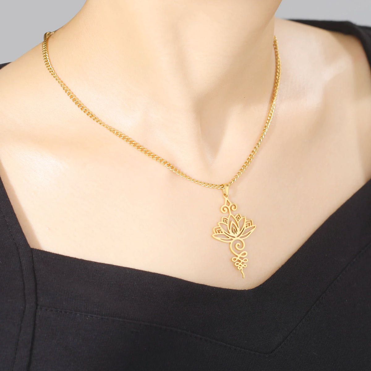Unalome Lotus Flower Pendant Necklace — Stainless Steel Chain