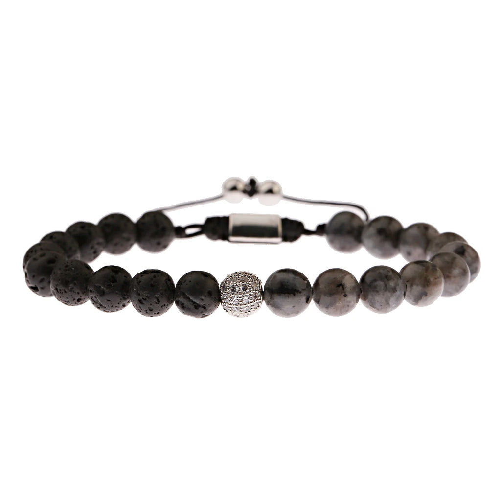Black CZ Pave Ball Beaded Bracelet for Men — Adjustable Weave