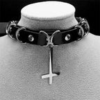 Gothic Cross Leather Choker Necklace — Stainless Steel