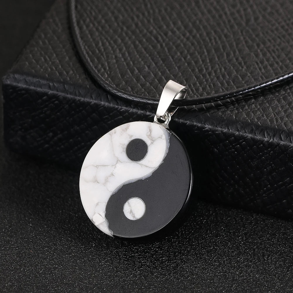 Black White Natural Obsidian Pendant Necklaces Taoism Charms Yin Yang Tai Chi Semi-precious Stone Round Bagua Jewelry