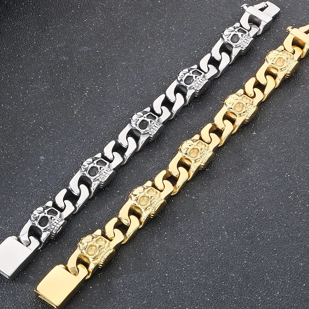 Punk Gothic Men's Bracelets With Skull Head Cuban Link Chain Man Bracelet for Men Stainless Steel Skeleton Jewelry