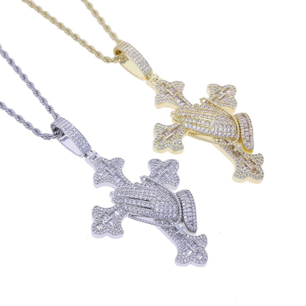 Iced Out Praying Hands Cross Necklace — Silver