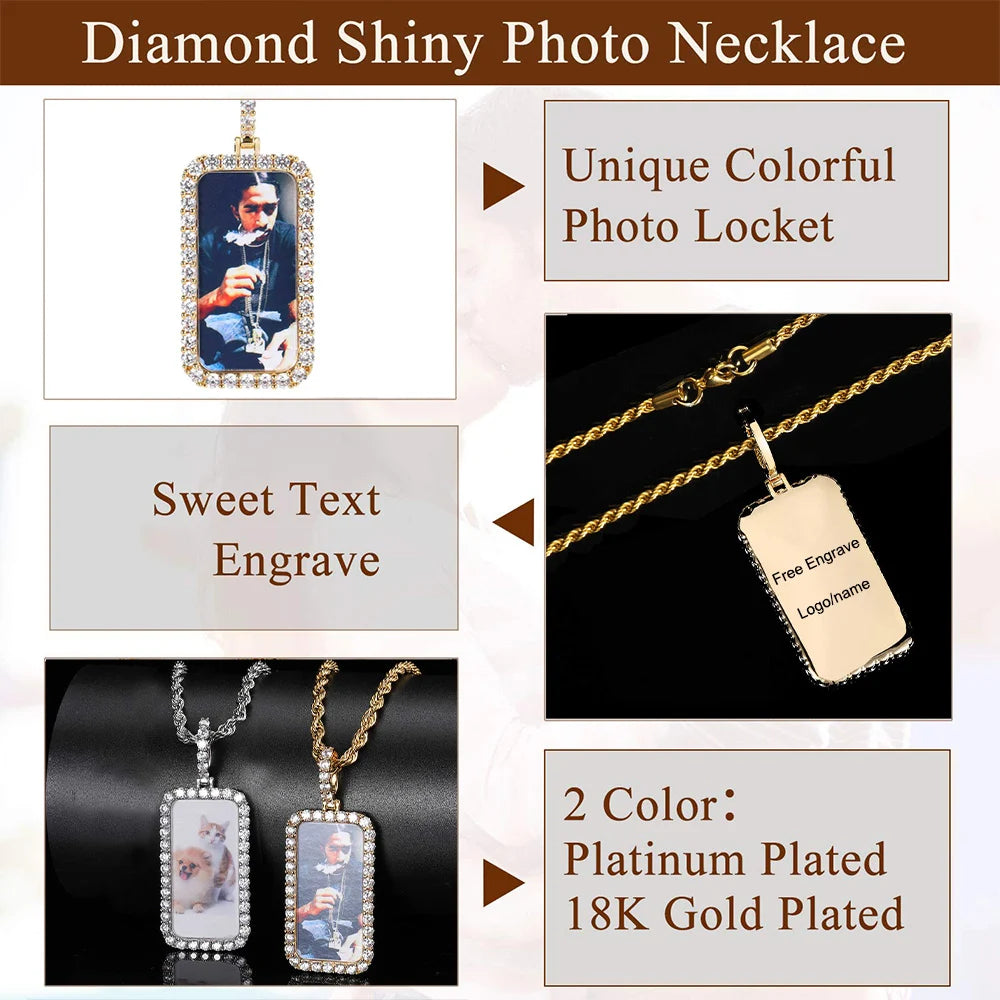 Iced Out Photo Pendant Necklace Rectangle