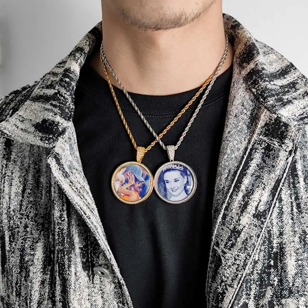 Iced Out Photo Pendant Necklace Stainless Steel