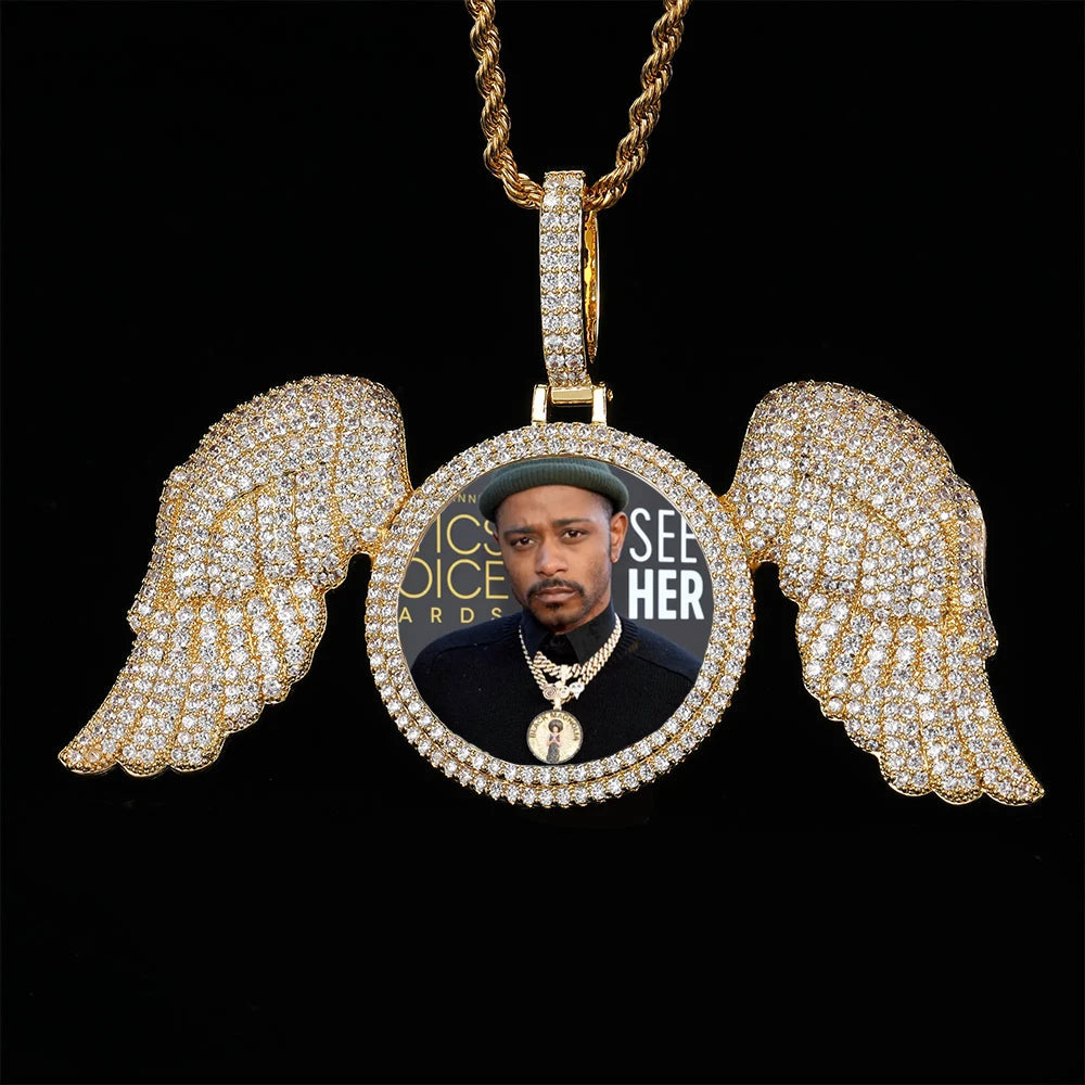 Angel Wings Photo Pendant Necklace Iced Out