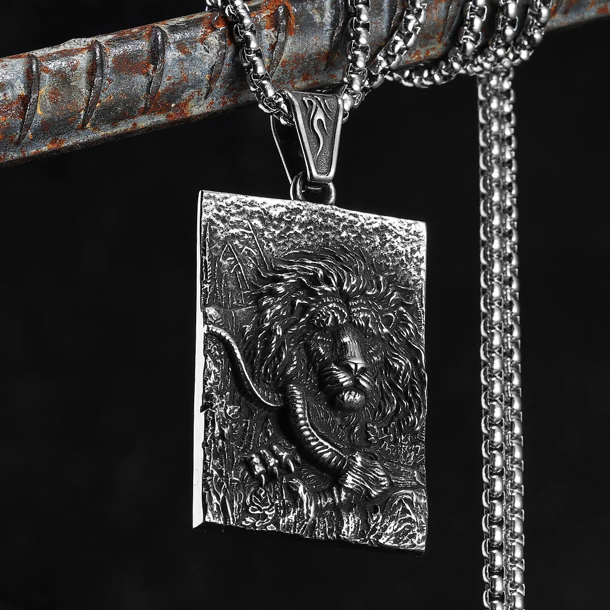 Double Sided Lion Head Men Necklaces Stainless Steel Pendant Chain Dog Tag Vintage Punk Jewelry Male Biker Accessories