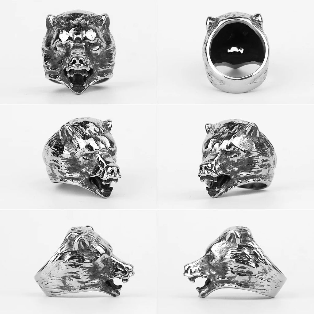 Stainless Steel Men Rings Bear Animal Rock Punk Hip Hop Personality for Biker Male Boyfriend Jewelry Creativity Gift