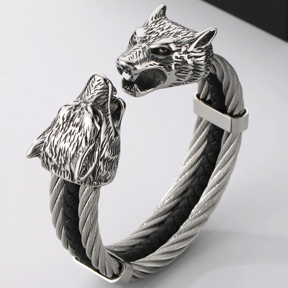 Gothic Elastic Double Wolf Face Head Open Cuff Bangle Bracelet For Man 12MM Wide Twist Chain Stainless Steel Men Men's
