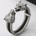 Gothic Elastic Double Wolf Face Head Open Cuff Bangle Bracelet For Man 12MM Wide Twist Chain Stainless Steel Men Men's