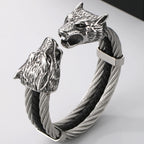 Gothic Elastic Double Wolf Face Head Open Cuff Bangle Bracelet For Man 12MM Wide Twist Chain Stainless Steel Men Men's