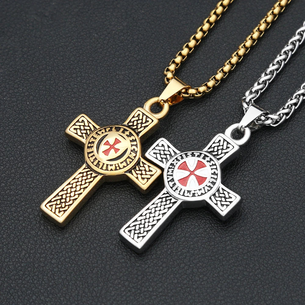 Red Cross Shield Pendant — Stainless Steel