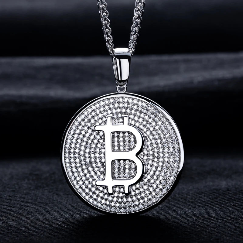 Iced Out Bitcoin Pendant — 925 Silver
