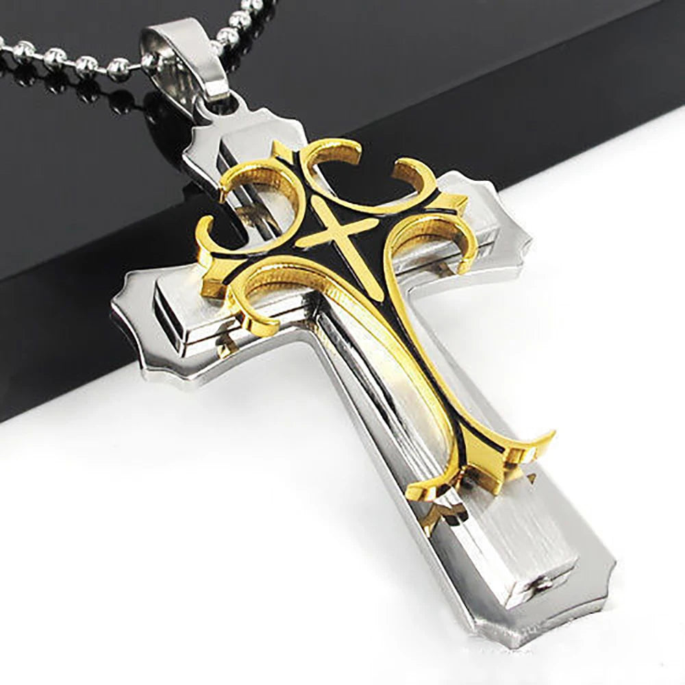 Necklace For Men 2024 New Titanium Steel Three-layer Cross Pendant Ball Chain Fresh Sweet Fashion Necklace