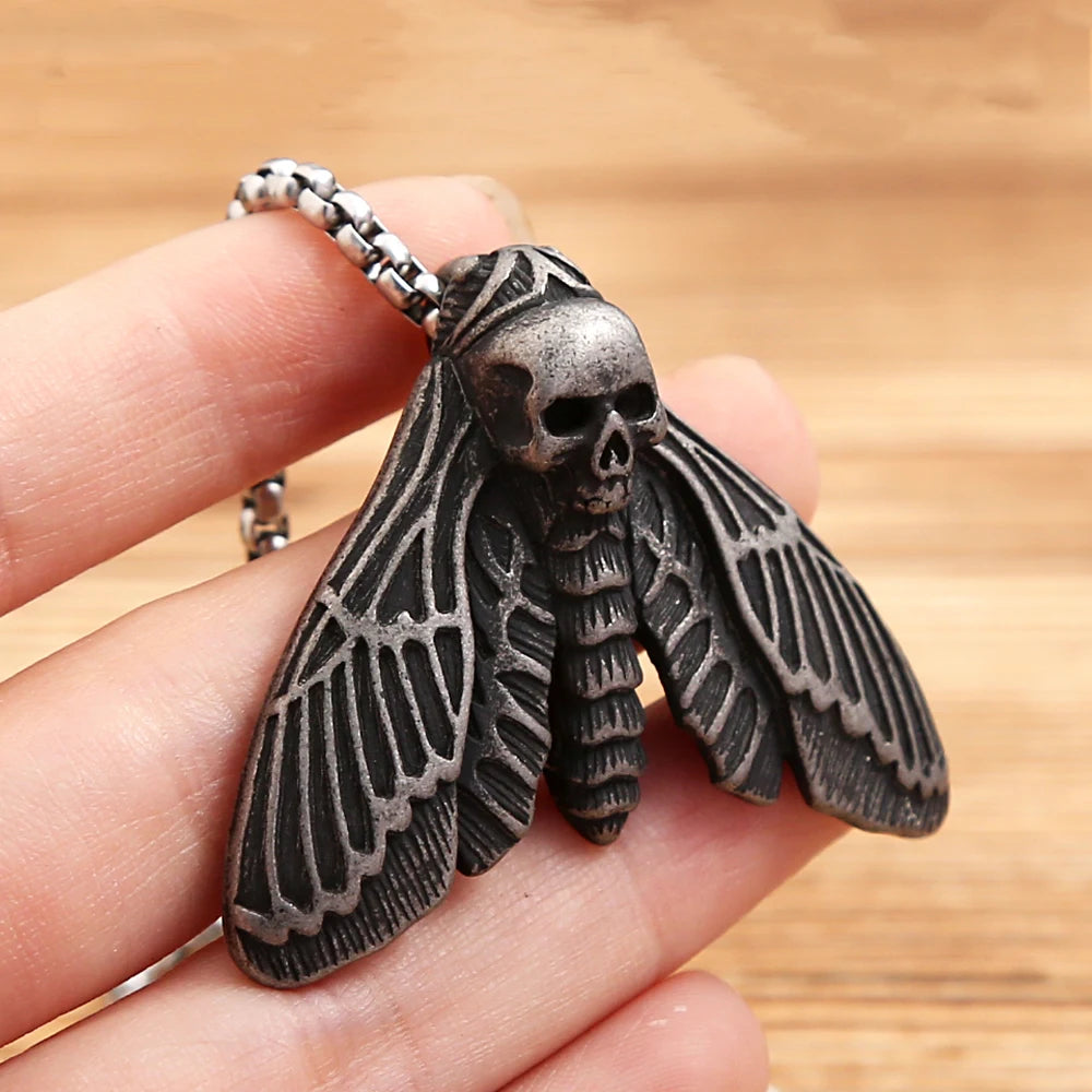 New Unique Vintage Stainless Steel Butterfly Moth Pendant Necklace For Men Punk Death Head Skull Necklaces Amulet