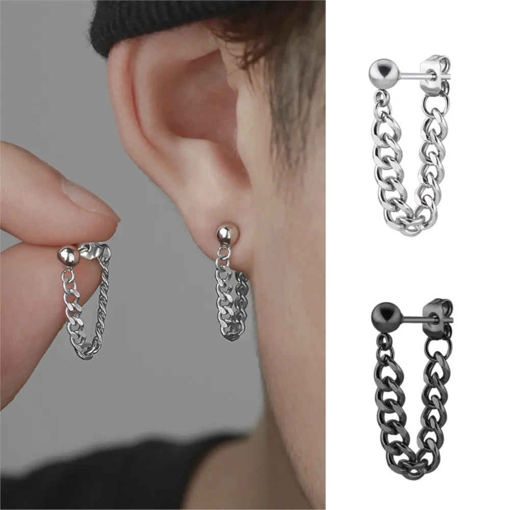 Black Steel Chain Stud Earrings Minimal