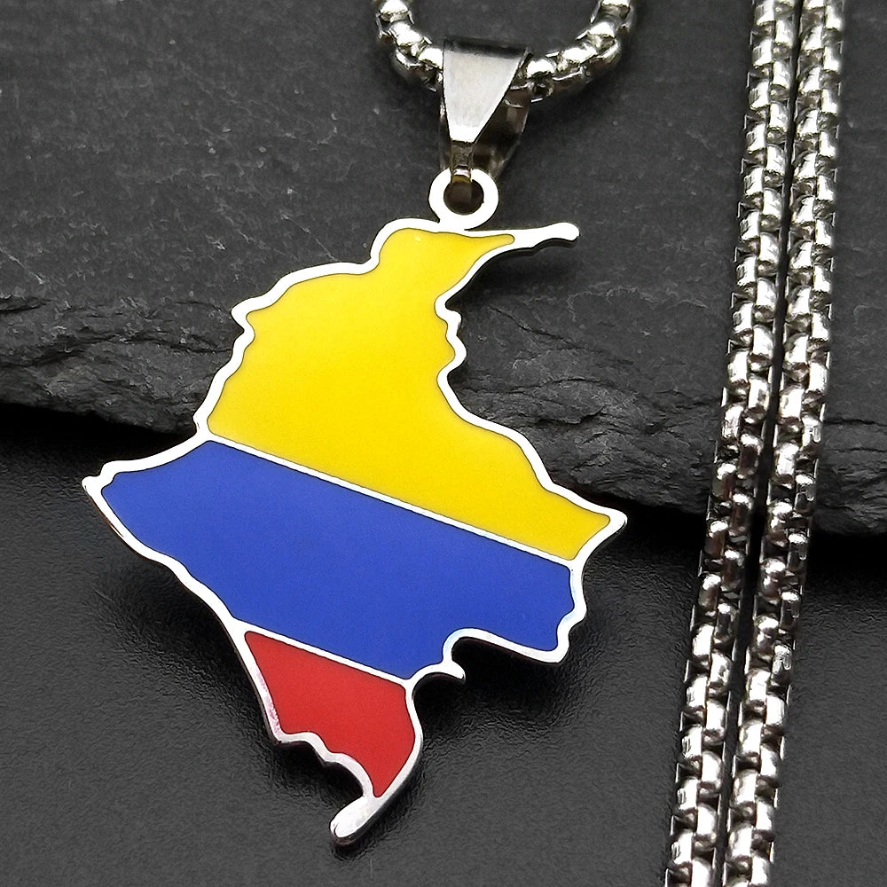 Colombia Map Flag Pendant Necklace For Women Men Stainless Steel Gold Color South America Country Nation Art Male Jewelry Gifts
