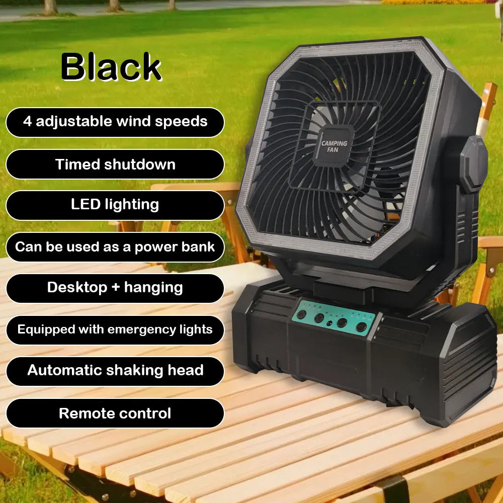 20000 mAh wireless battery-powered camping fan with LED light and remote control, 4 speeds, timer function, USB