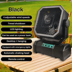 20000 mAh wireless battery-powered camping fan with LED light and remote control, 4 speeds, timer function, USB