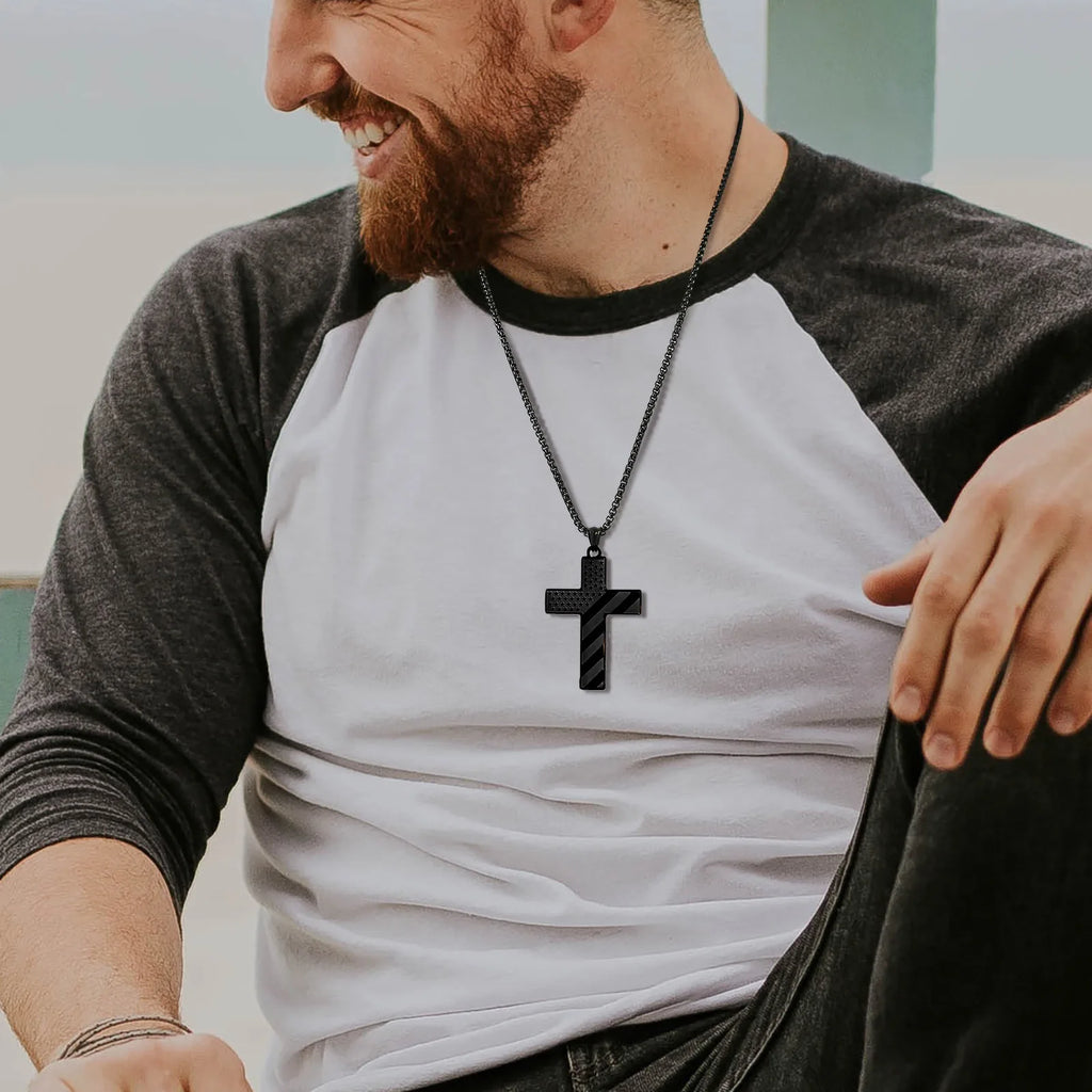 Vnox American Flag Cross Pendant Necklace for Men, Bold US Flag Textured Pendant, Black Stainless Steel Faith Jewelry
