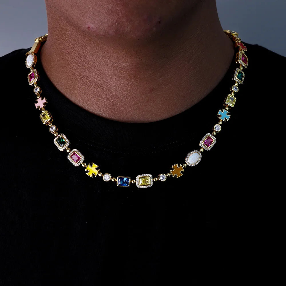 Cross Chain Necklace Iced Out Colorful Gemstone