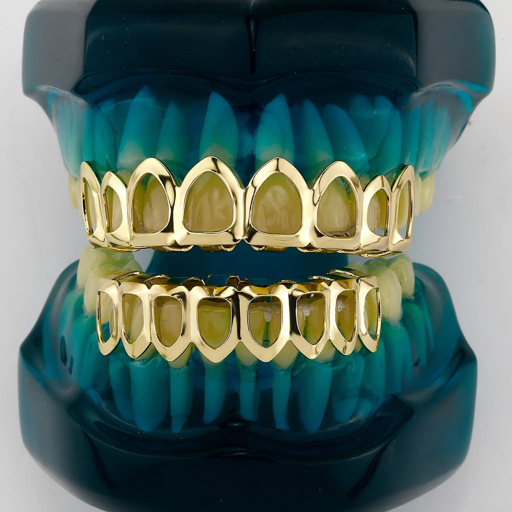 Glossy Hollow Teeth Grillz Top & Bottom Caps, 6 or 8 Teeth