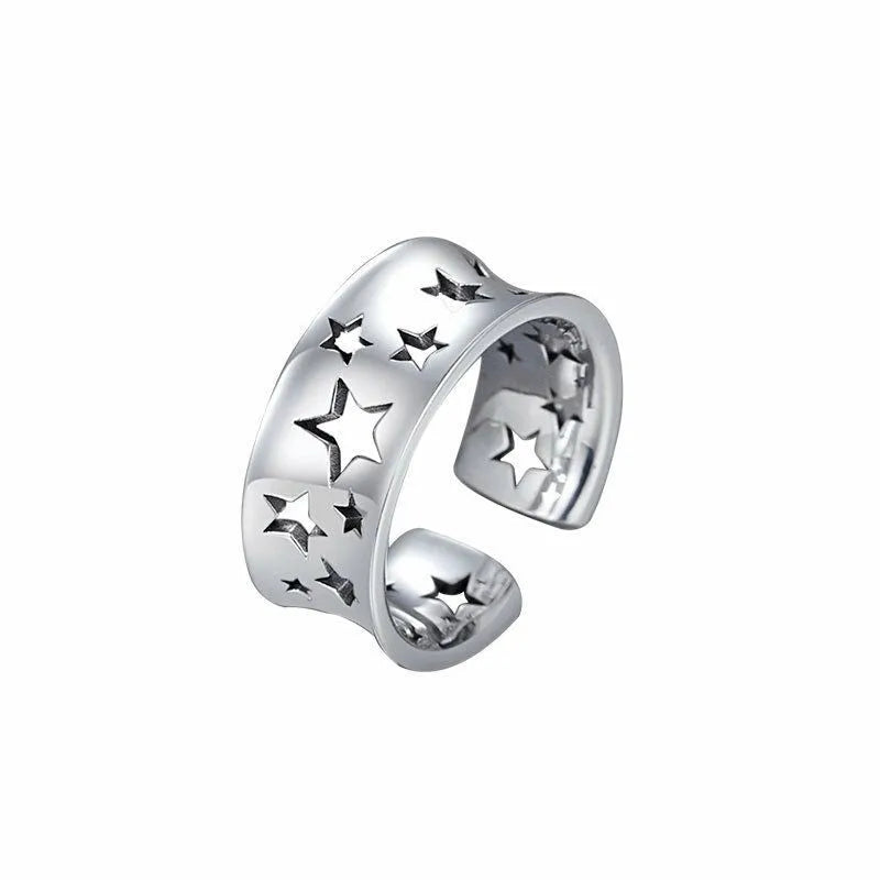 Hollow Stars Open Ring for Women — Concave Silver-Tone Band