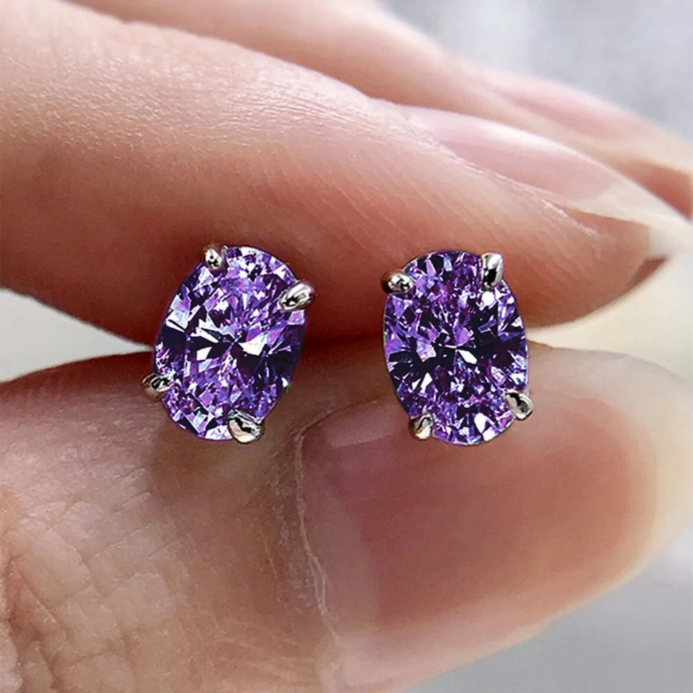 Oval Colored Zircon Four Claw Stud Earrings — Stainless Steel