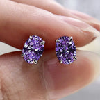 Oval Colored Zircon Four Claw Stud Earrings — Stainless Steel