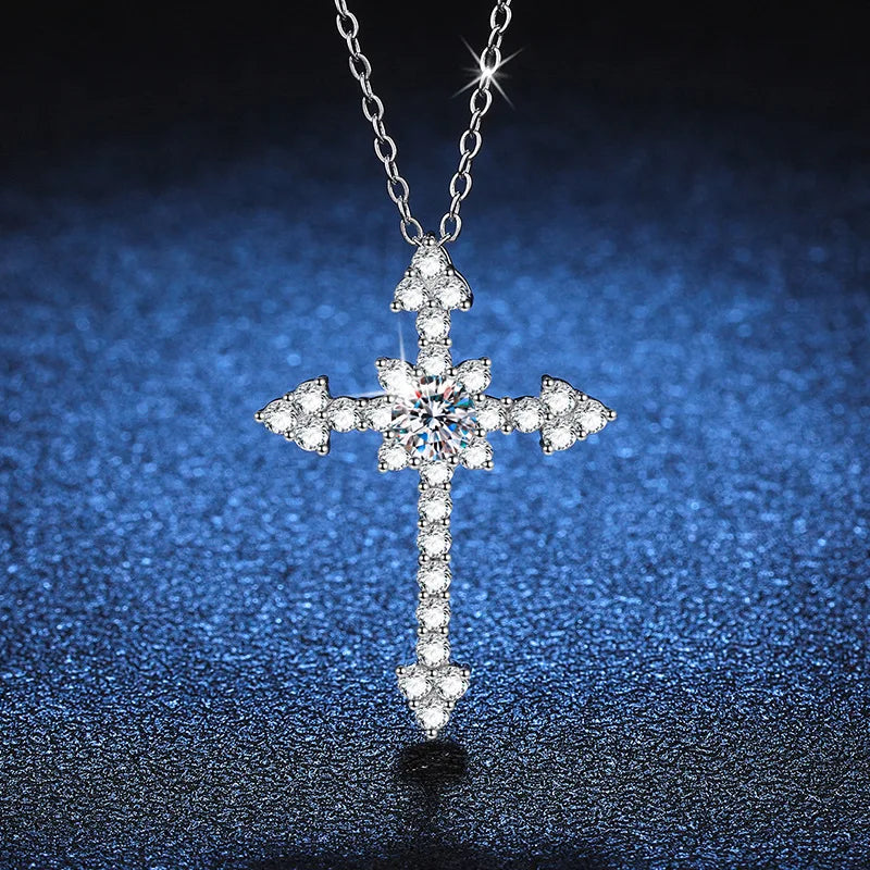 Women's PT950 Platinum Necklace - Full-Diamond Cross Moissanite Design, 50 Points & 1 Carat Options, Elegant Daily