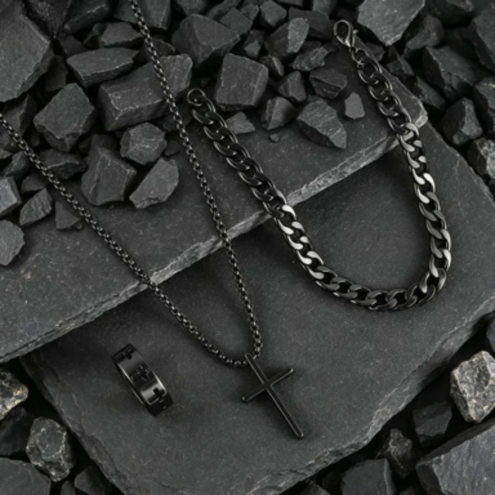 Black-Tone Cross Pendant Necklace Bracelet Ring Set for Men