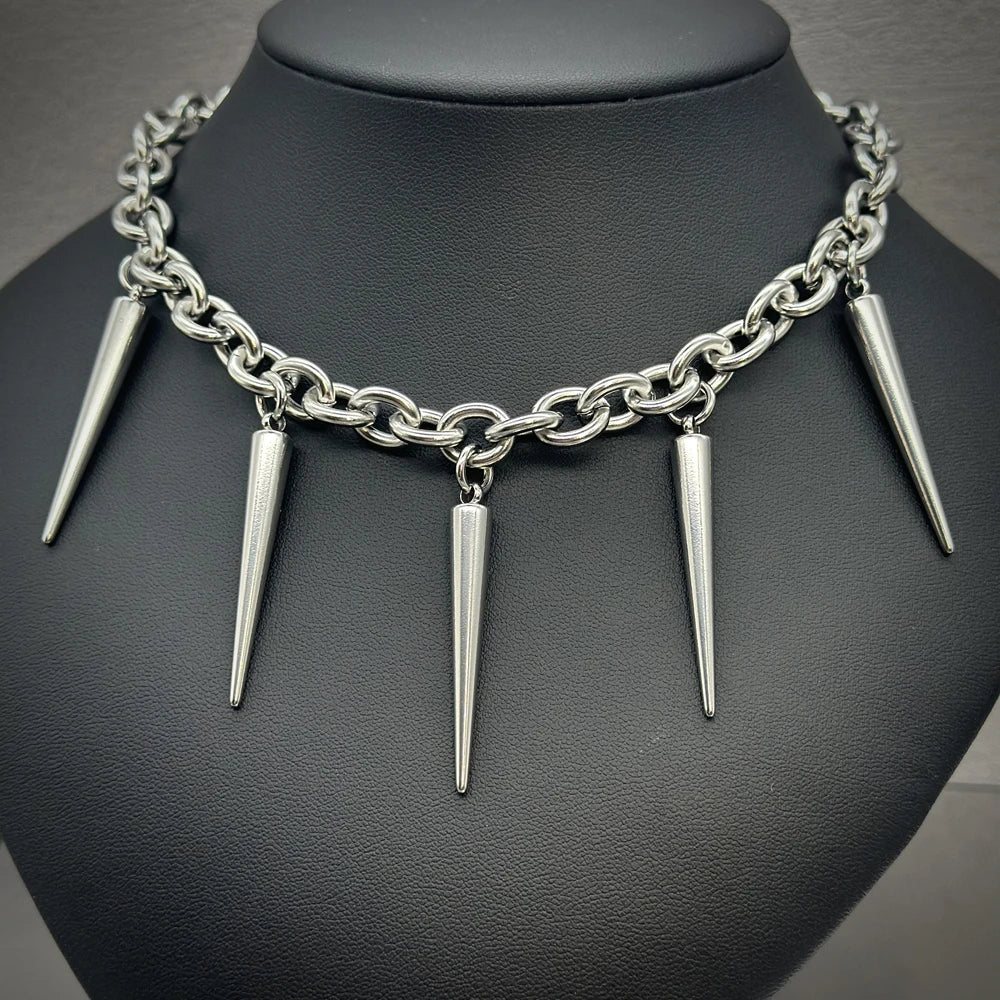 Gothic Large Spike Rivet Chunky Chain Necklace Unisex Stainless Steel Punk Style Grunge Jewelry Accessory for Women Men