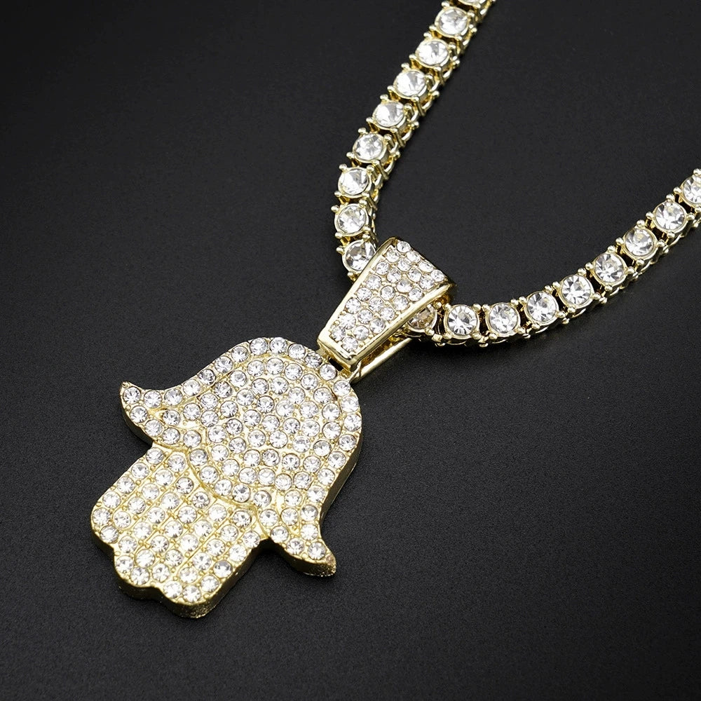 Men's Women Hip Hop Hamsa Hand Pendants Necklaces With 4mm Crystal Tennis Chain Punk  Rapper Jewelry Hiphop Style Couple Gifts