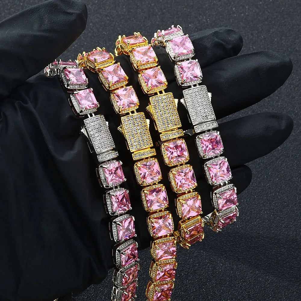 Tennis Chain Necklace Iced Out Pink Princess Cut
