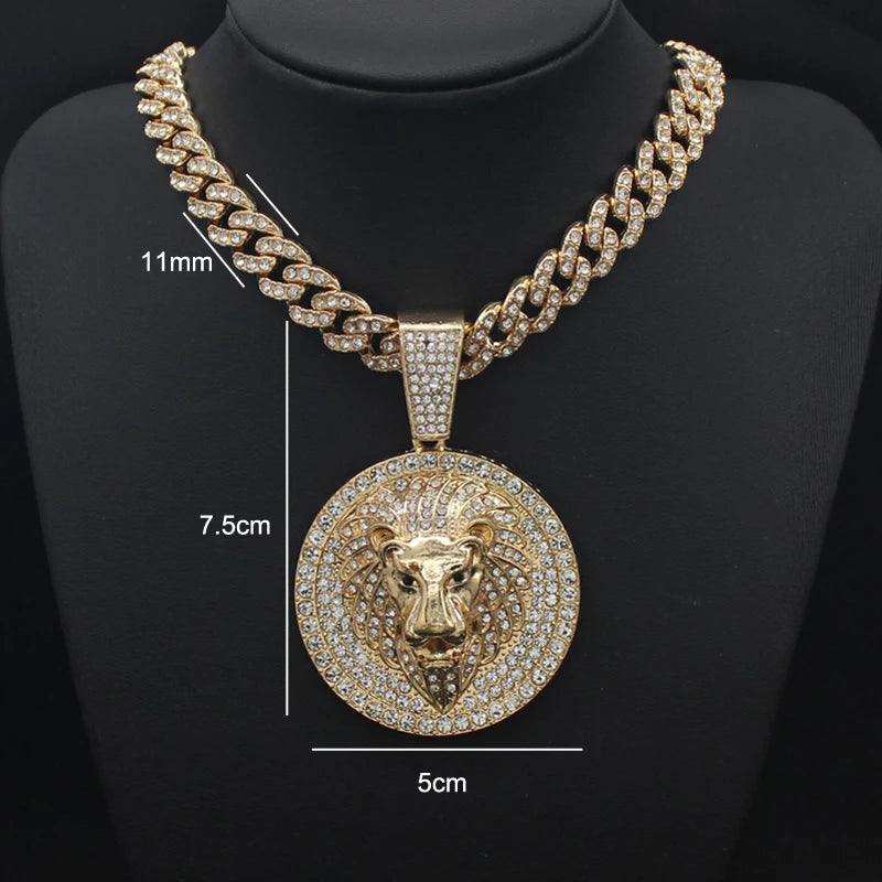 Hip Hop Big Lion Head Pendant Necklace Cuban Chain Necklace For Women Men Iced Out Full Rhinestone Necklace Jewelry
