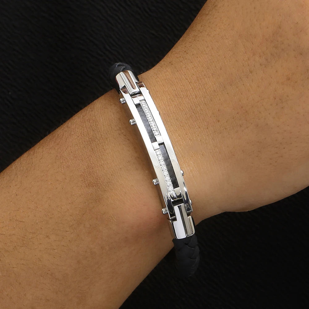 Gold Color Bracelets for Men 8MM Wide Braided Leather Rope Chain Bracelet CZ Stainless Steel Men's Arm Jewelry Birthday