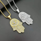 New Men's Fashion Titanium Steel Gold Plated Full Rhinestones Hand of Fatima Pendant Necklace Religious Personality Jewelry