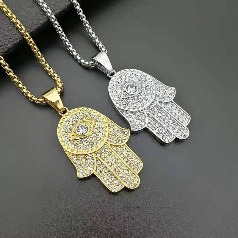New Men's Fashion Titanium Steel Gold Plated Full Rhinestones Hand of Fatima Pendant Necklace Religious Personality Jewelry